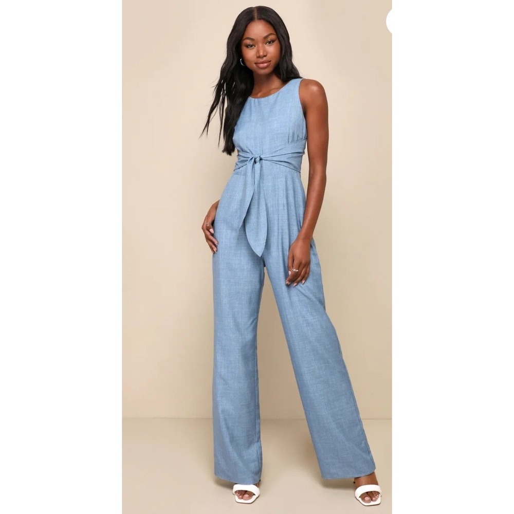Lulus Carefree Aesthetic Blue Sleeveless Wide Leg Tie Front Jumpsuit Medium NWT